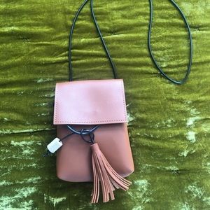 FAUX LEATHER SMALL SATCHEL W/WOOD DETAIL